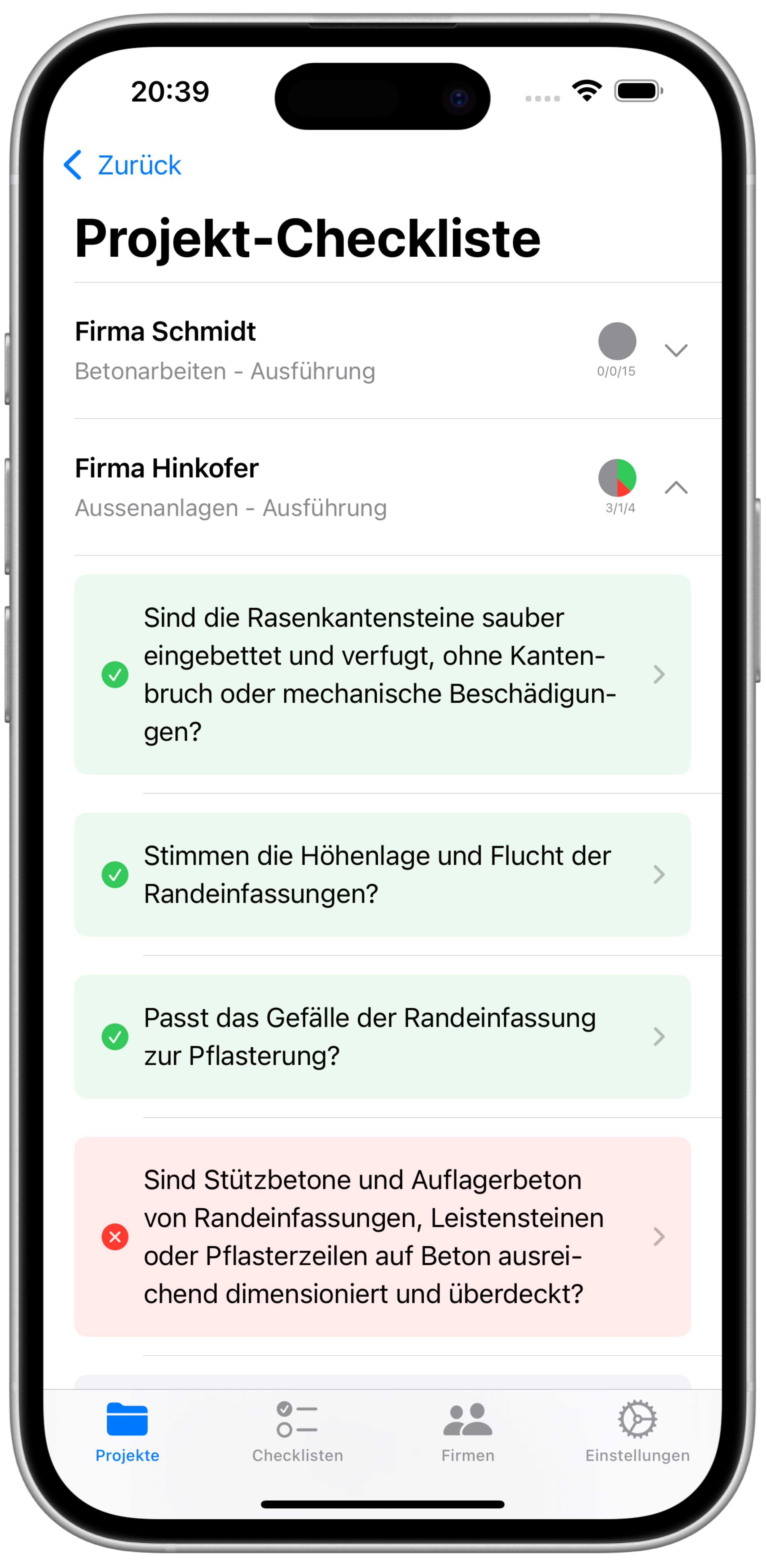 Screenshot of a screen of the Baucheck iOS app